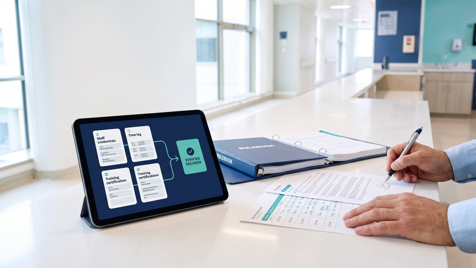 Rulebook, source evidence, and a verified decision in an audit-ready evidence ledger