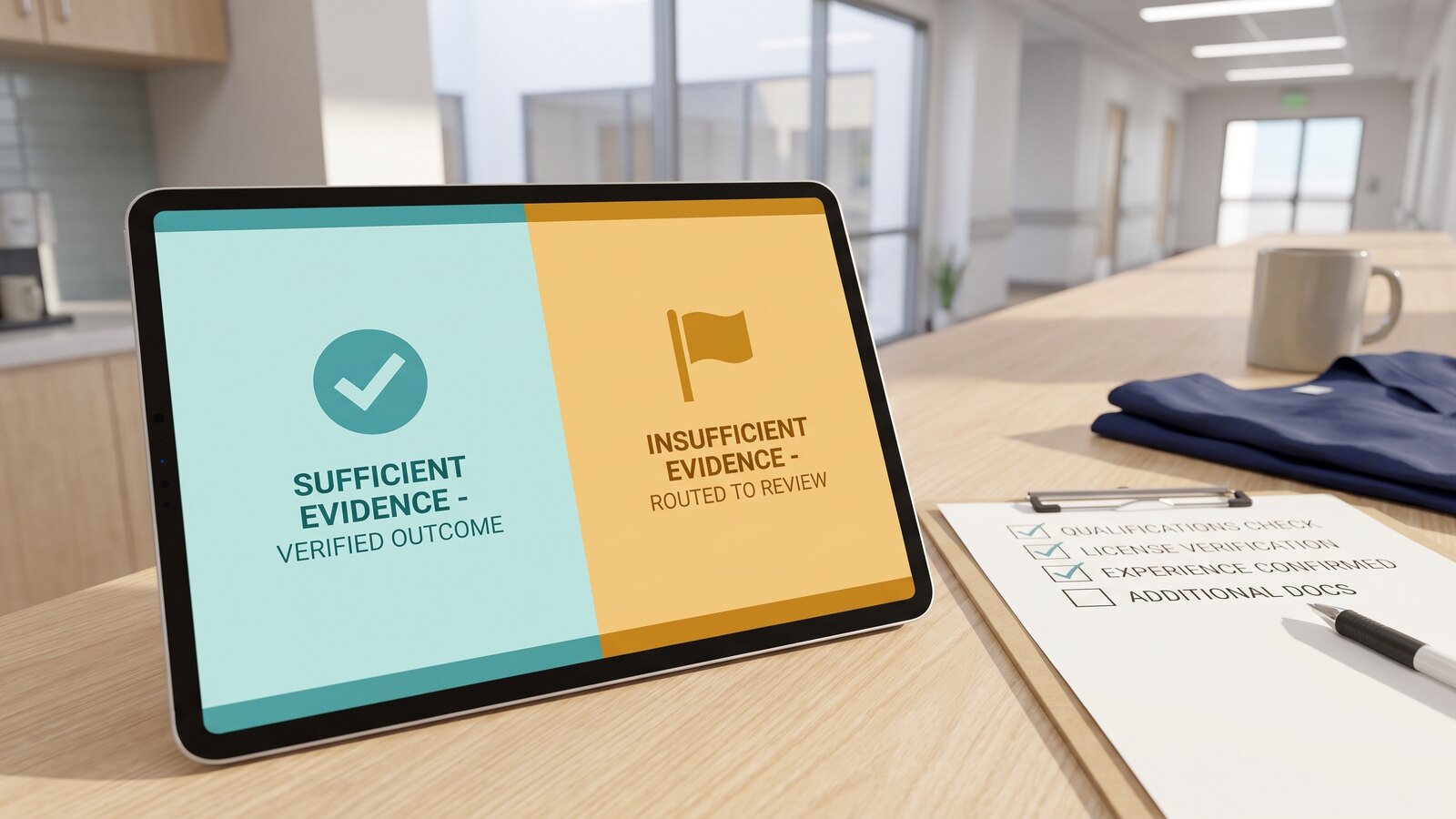Clear verified and needs-review outcomes based on evidence sufficiency