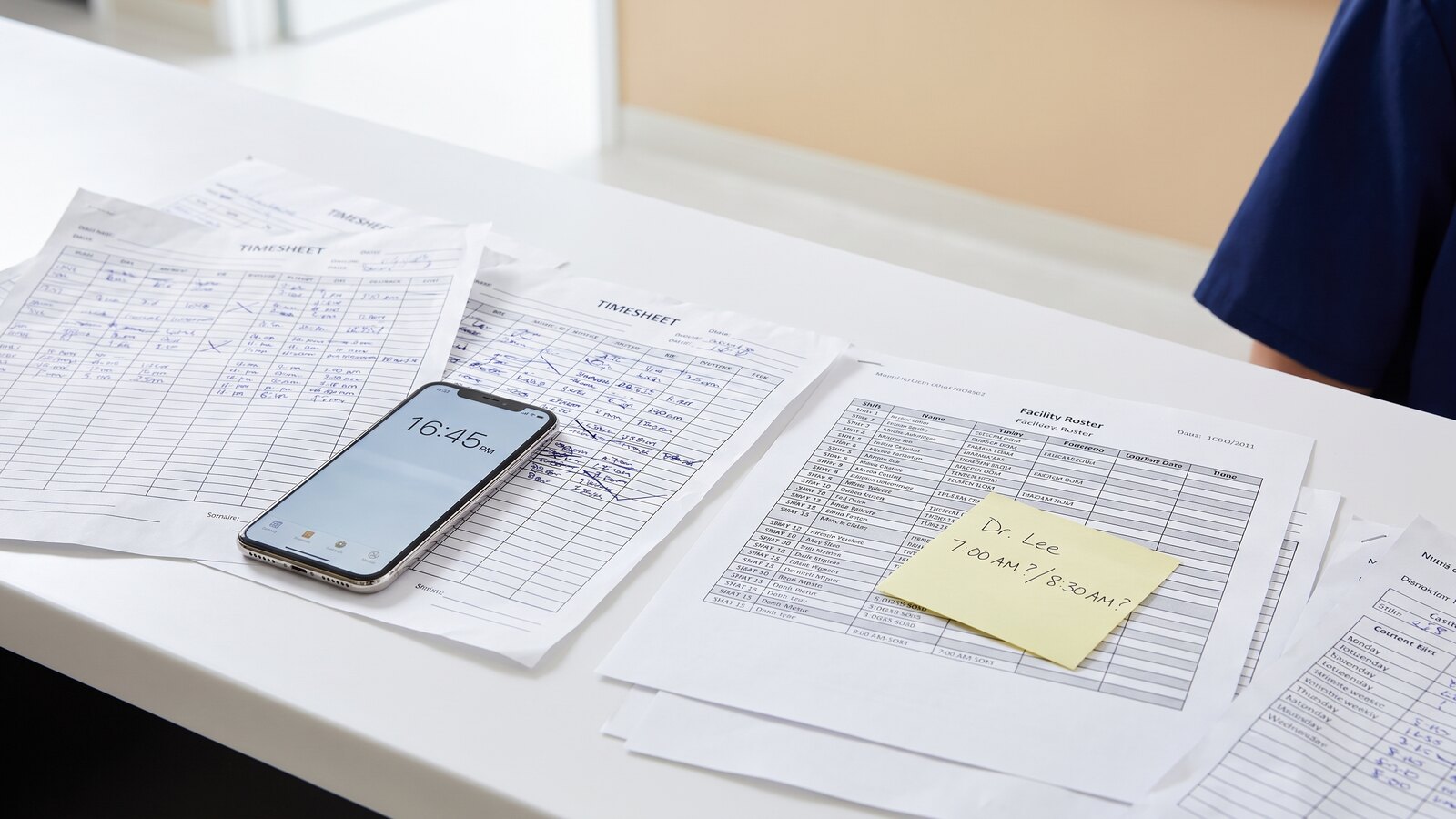 Conflicting paper timesheets, app clock data, and facility roster evidence