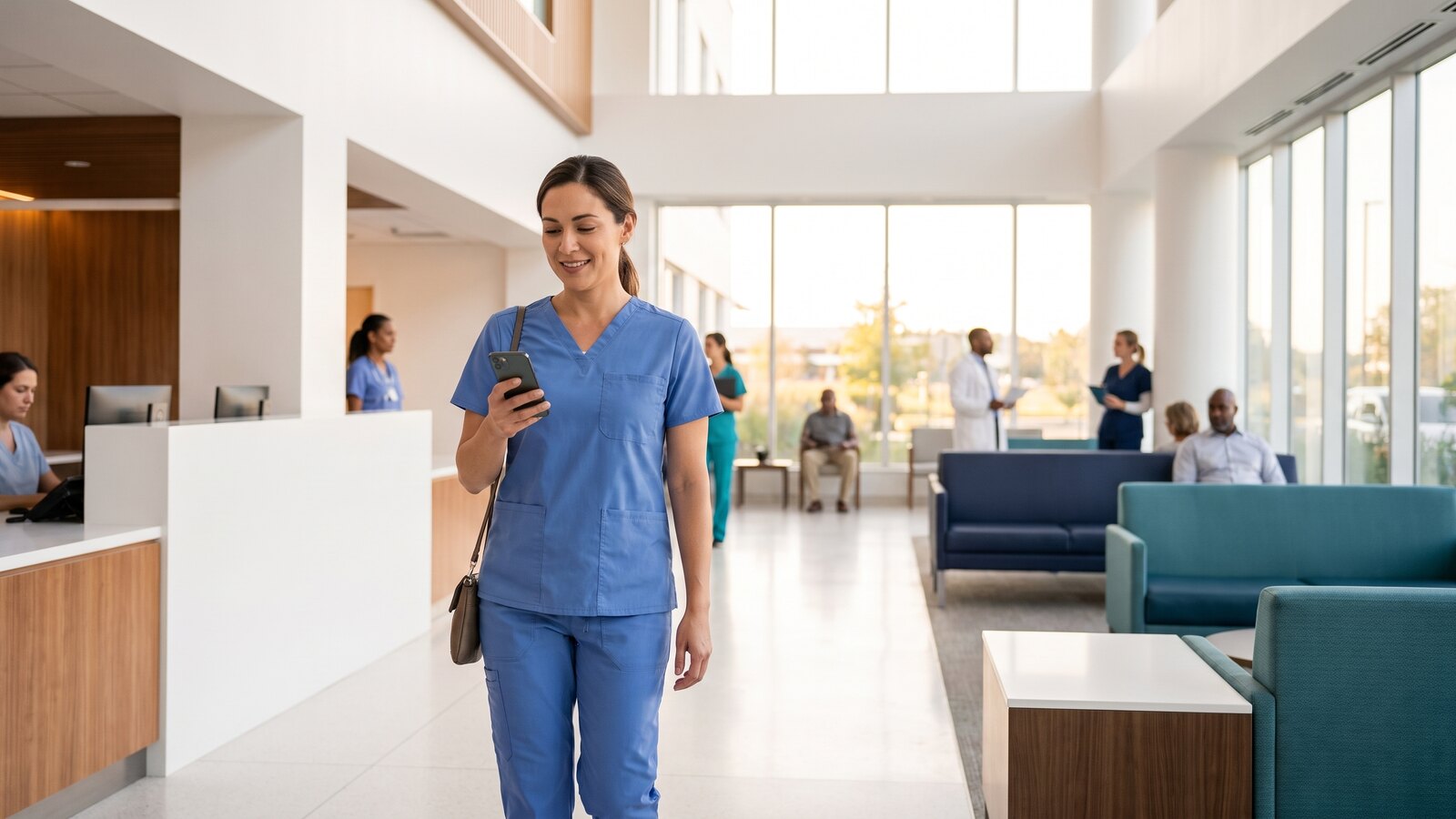 Clinician leaving a facility after a completed shift with pay confirmation