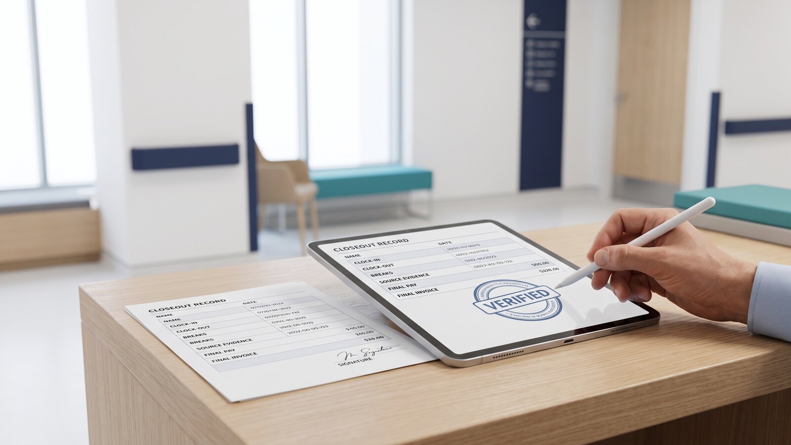One completed closeout record with verified hours, pay, invoice, and supporting evidence