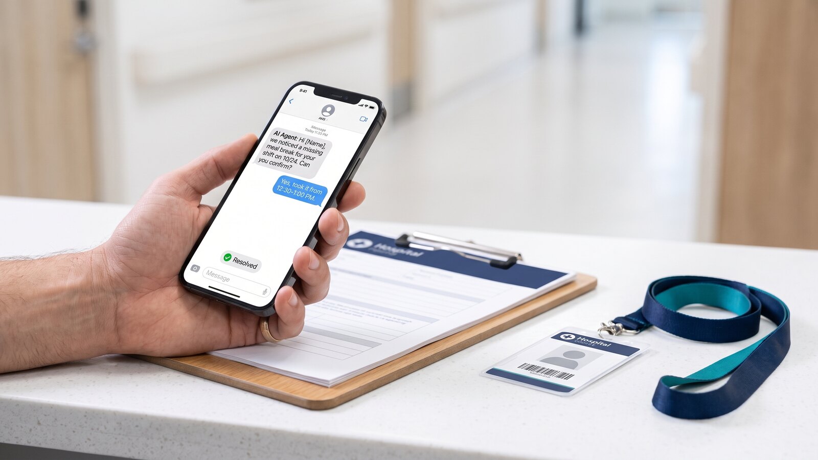 Agent outreach resolving a missing meal-break response by mobile message