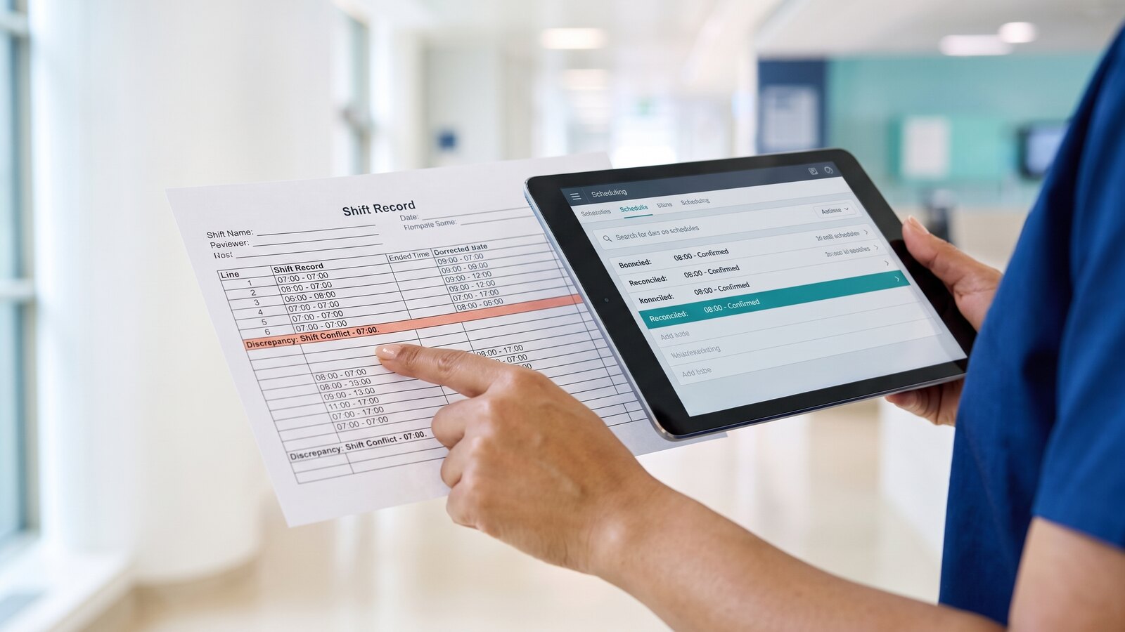 Conflicting shift records compared and resolved to one corrected value