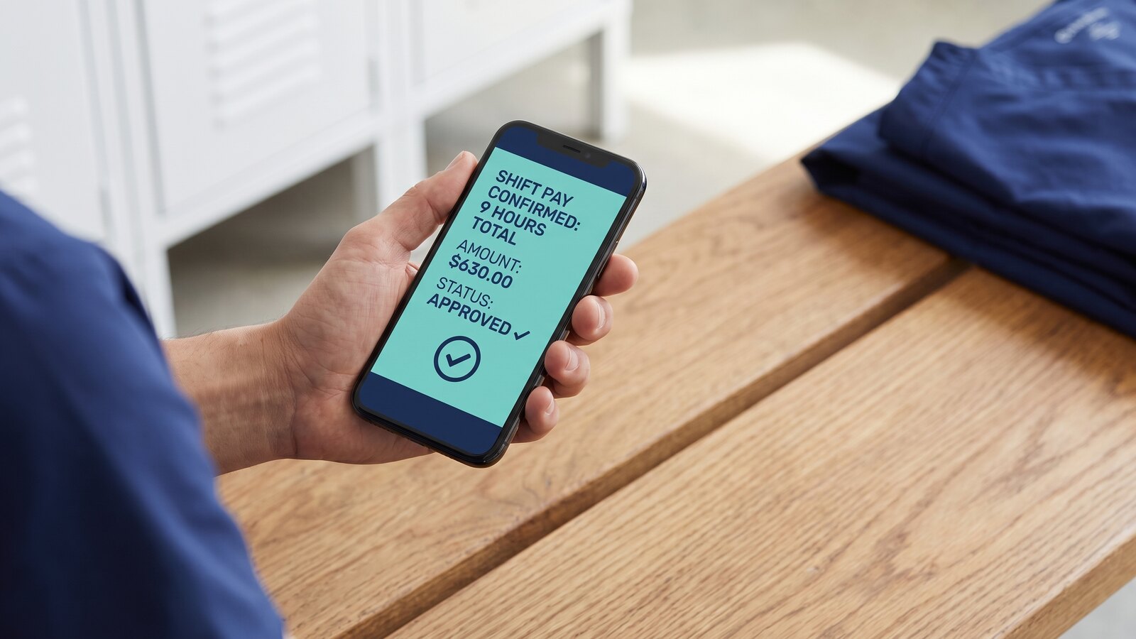 Mobile pay confirmation showing approved hours and clinician payout