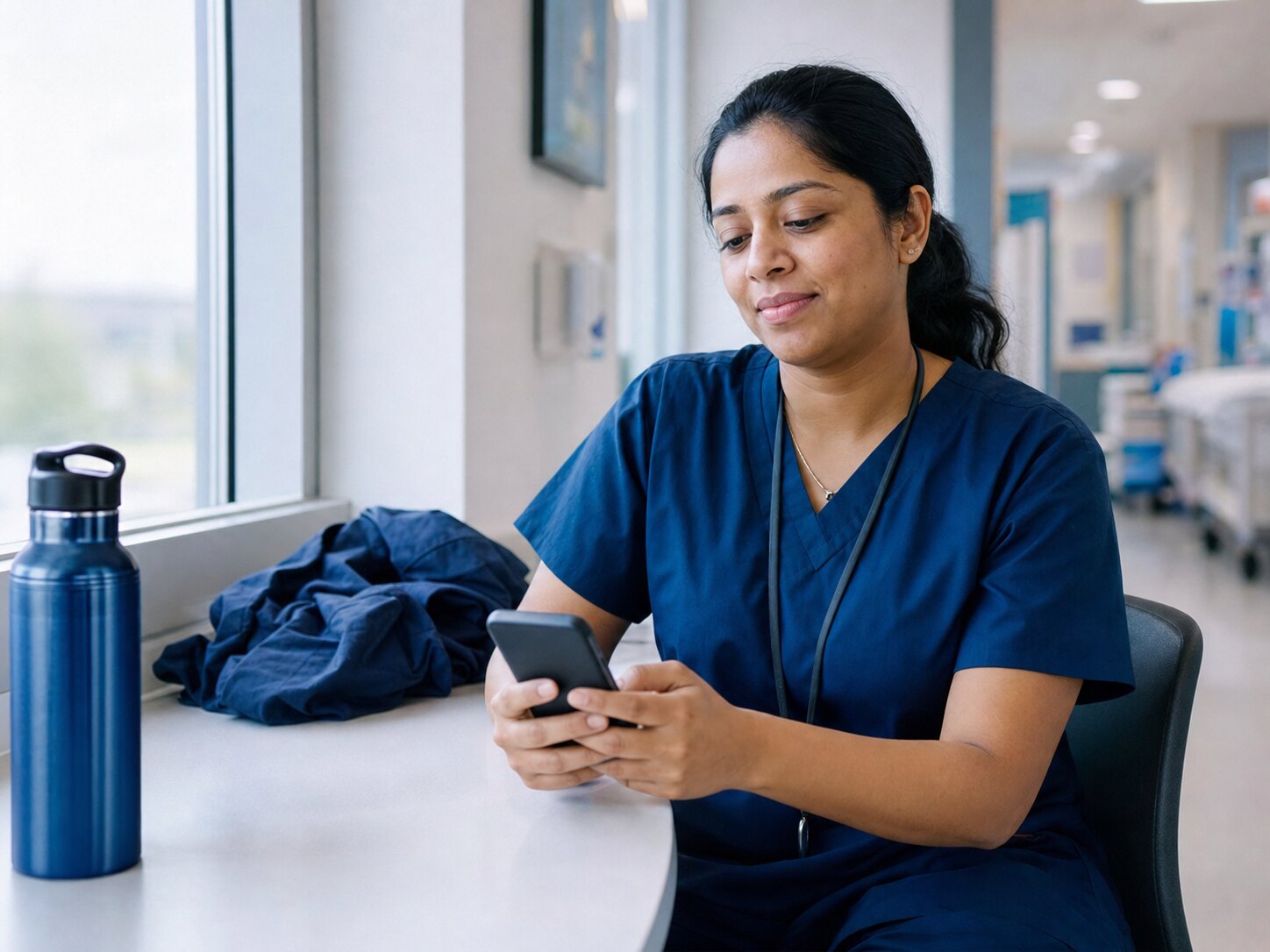 Clinician checking her phone after a shift