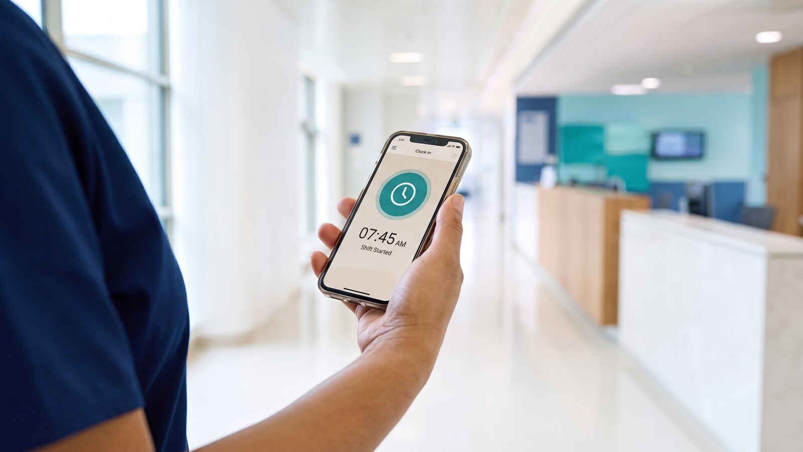 Clinician clocking in on a mobile app at a healthcare facility
