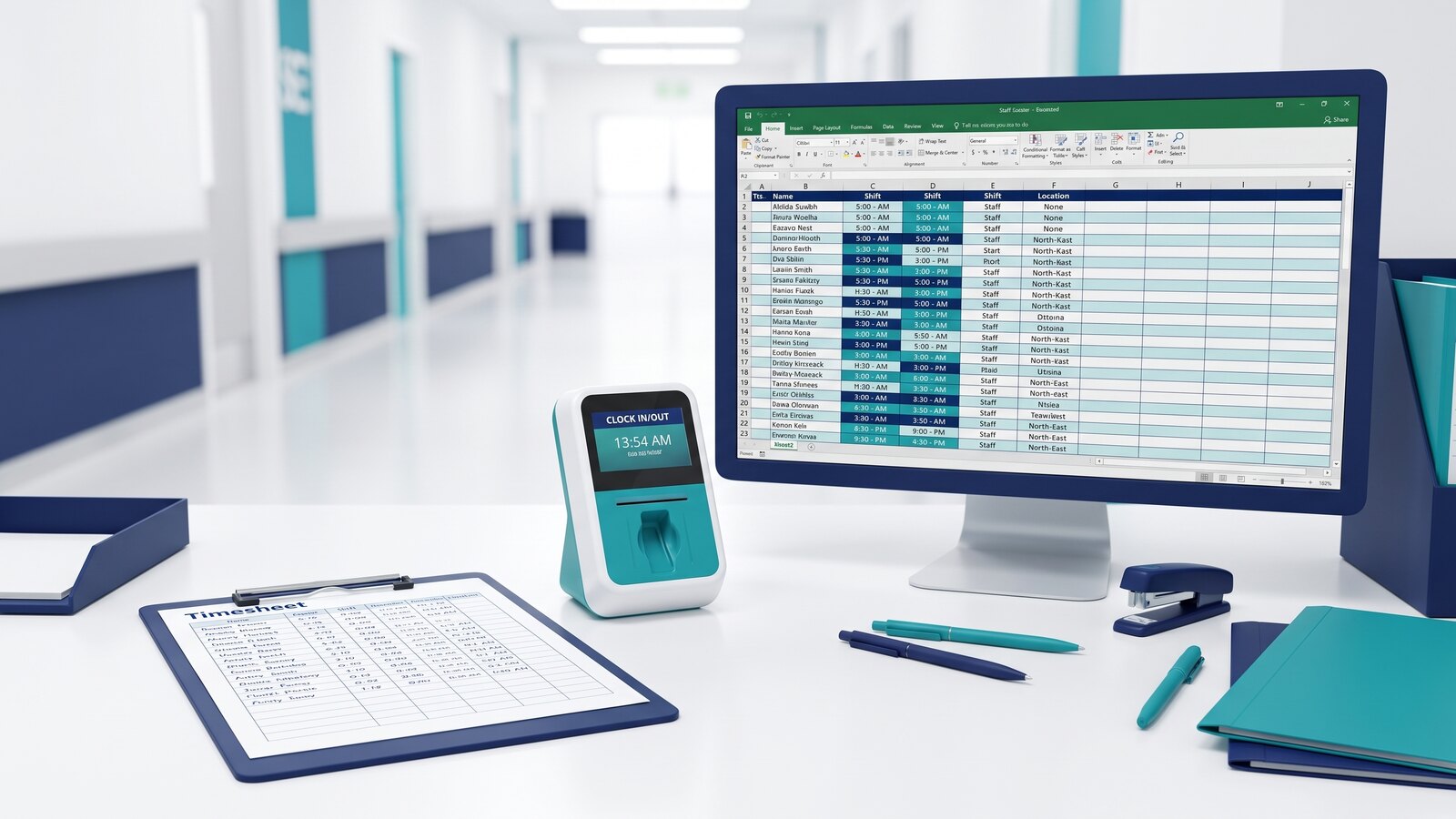 Paper timesheet, facility clock terminal, and staffing roster from different facility systems