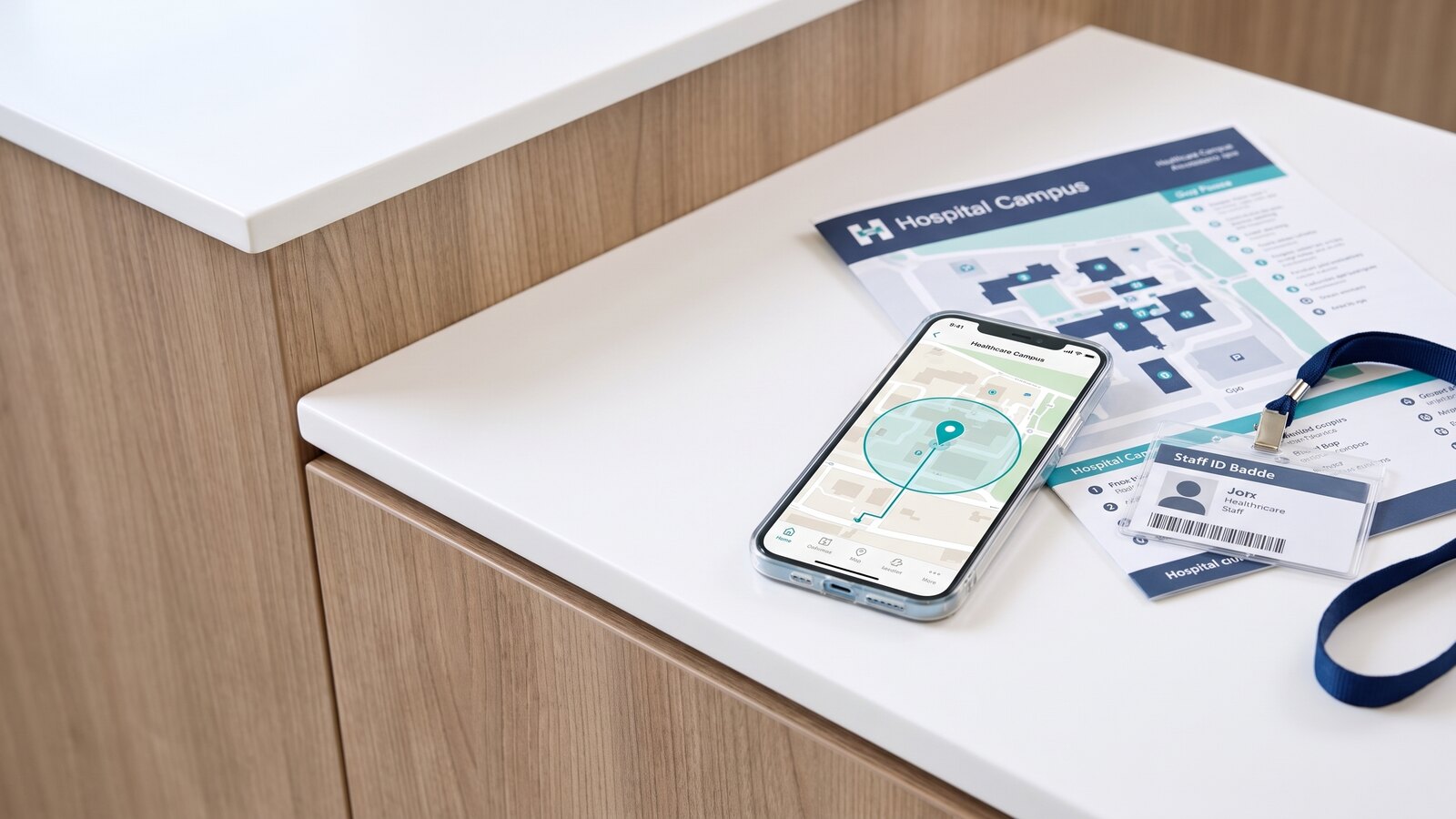 Phone and hospital campus map showing optional arrival and geofence evidence